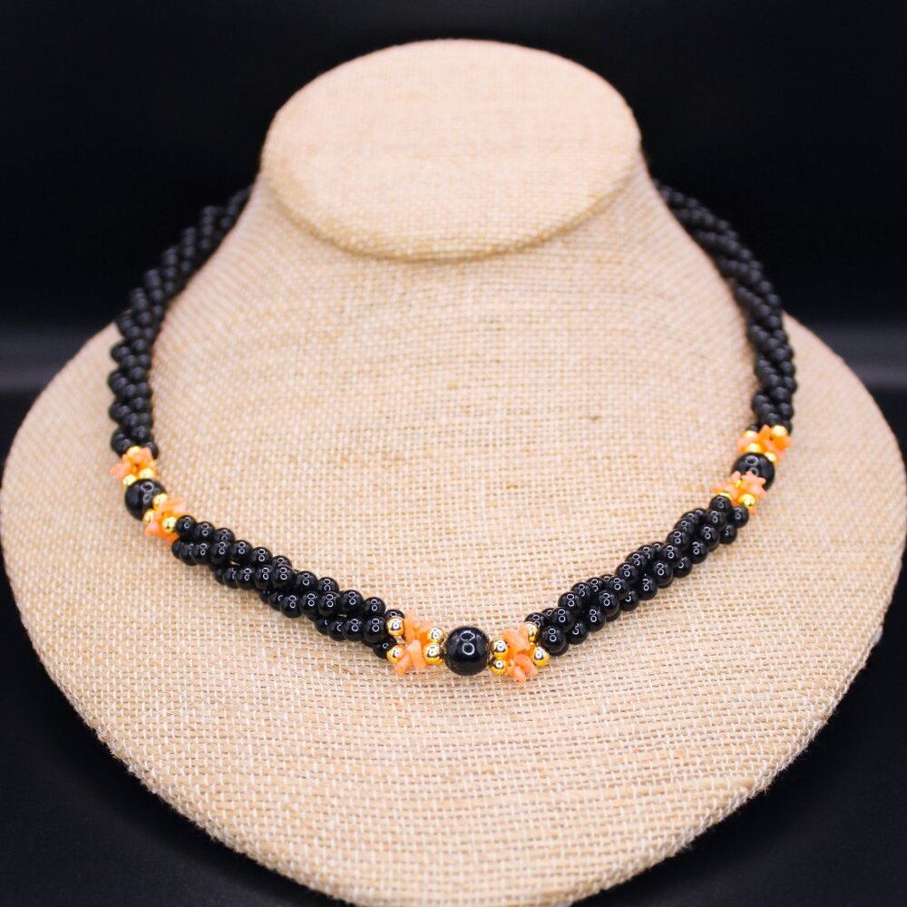 Vintage Black Onyx Pink Coral Gold Tone Beaded Twisted Torsade Necklace